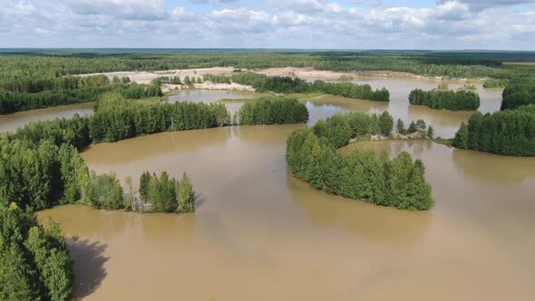 Flight Over the Taiga Forest Lake