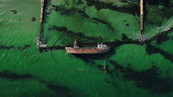 Top Down View at Crushed Tanker Ship Delfi in Black Sea Near Odessa Ukraine alt