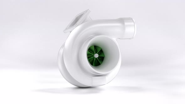 Stylized 3D rendered turbocharger with slowly looping and rotating compressor wheel.