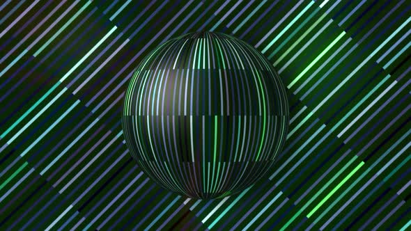 Colorful reflective disco mirror ball slowly rotating on a colored striped background alt