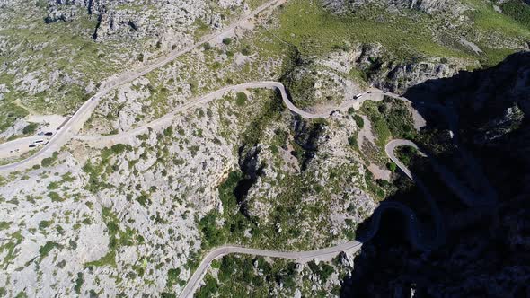 Aerial View Winding Serpentine Road at Mallorca Isle