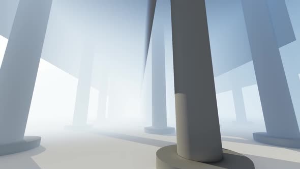 Futuristic empty white corridor with columns and bright light alt