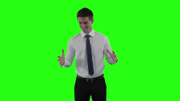 Businessman pretending to be hold invisible object alt