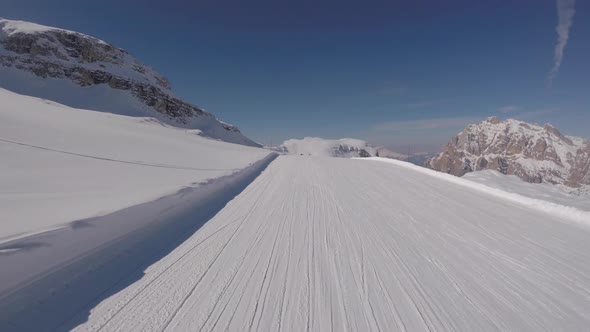 Skier Skiing On The Track In Mountains, Action Camera Footage