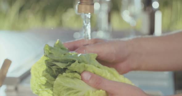 Slow motion of lettuce washed in water in an outdoor kitchen alt