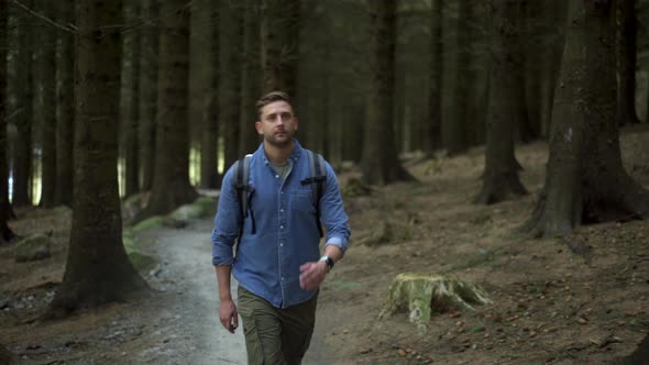 Hiker walking on hiking trail in the forest alt
