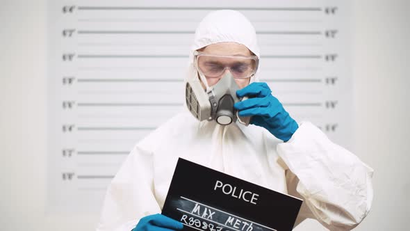 Man in Biohazard Suit and Respirator Holding Signboard Posing for Mugshot alt