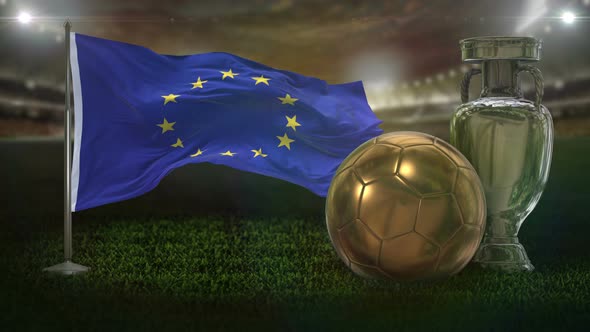 European Union Flag With Football And Cup Background Loop alt