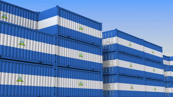 Container Terminal Full of Containers with Flag of Nicaragua alt