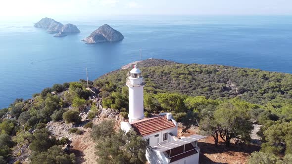 Gelidonya Lighthouse on Lycian Way, Antalya, Turkey. Mediterranean sea and three Islands. alt