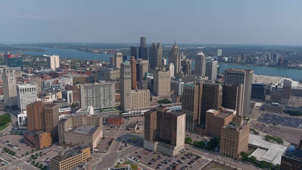 High angle aerial shot of downtown Detroit. This video was filmed in 4k for best image quality. alt