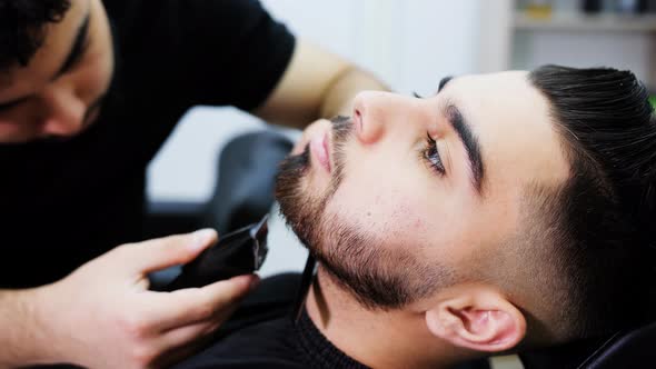 Barber Electric Trimmer Shaves the Beard of the Client in the Chair of the Hairdressing Salon alt