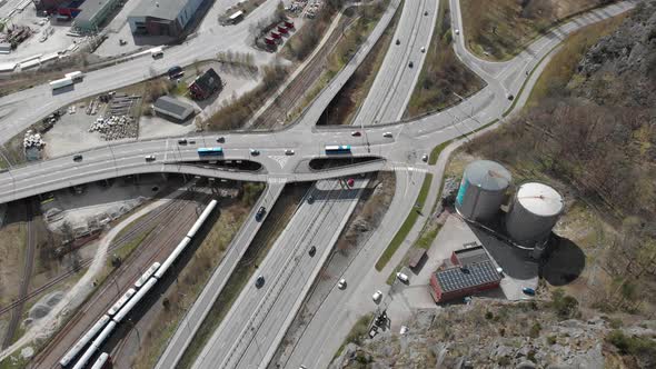 Traffic On Highway Intersection Cars And Trucks Driving Aerial Top alt