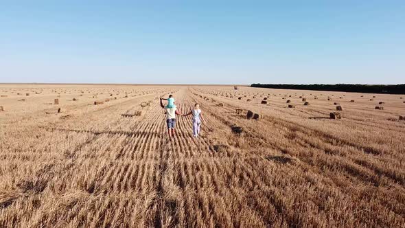 Family of Three Strolls Through a Mown Wheat Field on a Sunny Summer Day alt