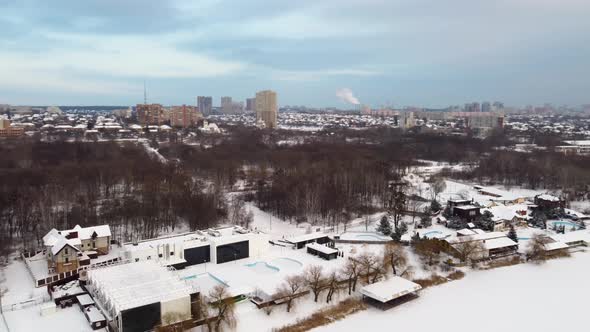 Aerial Kharkiv city from Lopan river with epic sky