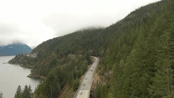 Aerial View of the Sea to Sky Highway in Howe Sound North of Vancouver alt