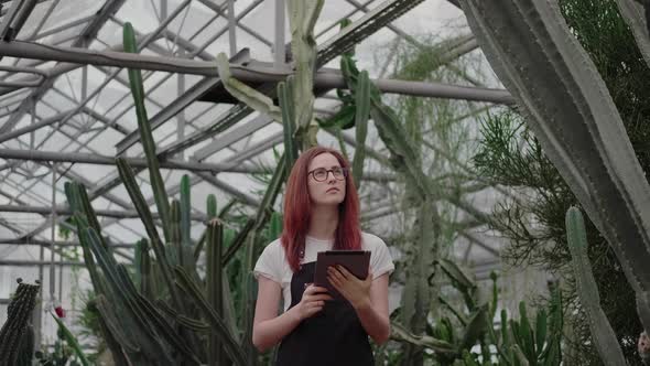 Woman Against a Background of Succulents with a Tablet
