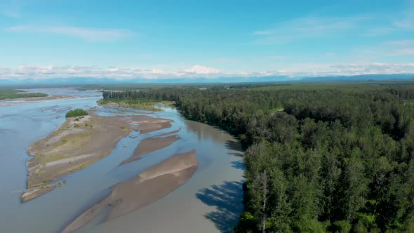 4K Drone Video of Susitna River with Denali Mountain in Distance on Alaska Summer Day alt