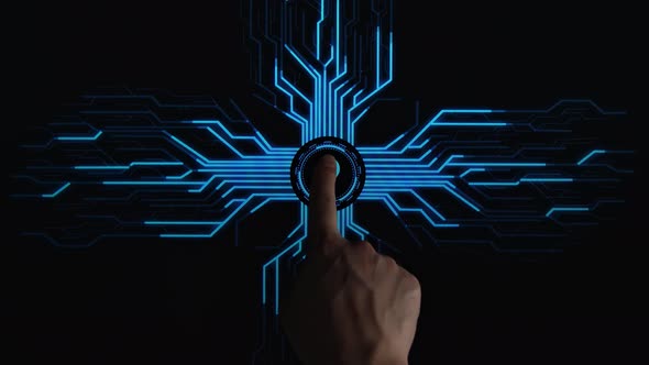 Human Finger Pushes Touch Digital The Light Bulb With Futuristic Artificial Intelligence Spreading alt