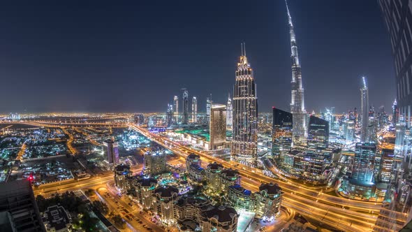 Dubai Downtown Skyline Night Timelapse with Tallest Building and Road Traffic UAE alt