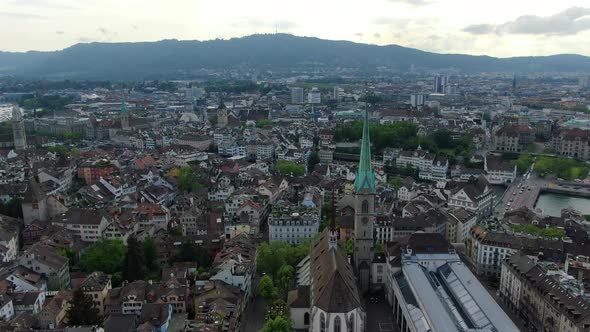 Flight over Predigerkirche church and Zurich central library, Switzerland alt