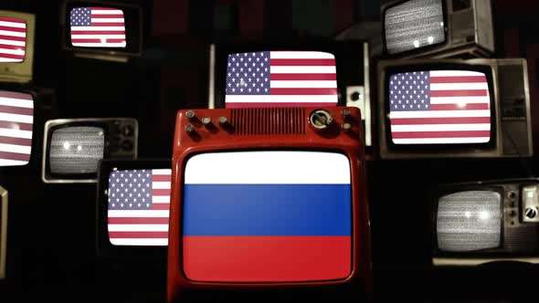 Flag of Russia and US Flags on Retro TVs. alt