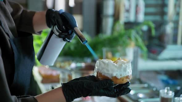 Sweets, Process of Making Donuts Made By Chef By Pastry Chef, Baker Burns Protein Cream on Donut alt