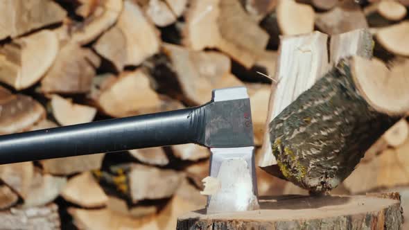 Ax Splits a Log, Harvesting Firewood alt