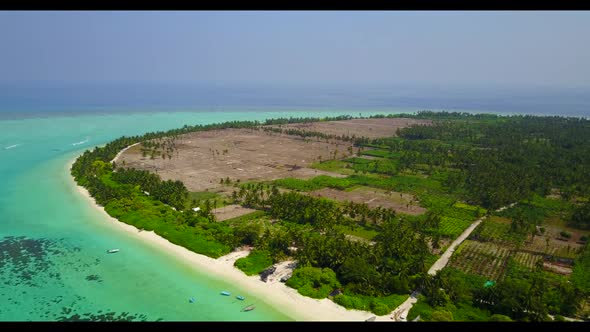 Aerial drone view panorama of relaxing island beach holiday by shallow lagoon and white sand backgro alt