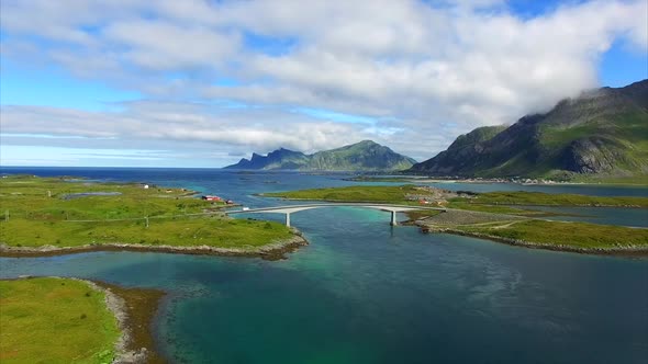 Bridge on Lofoten islands in Norway, aerial view