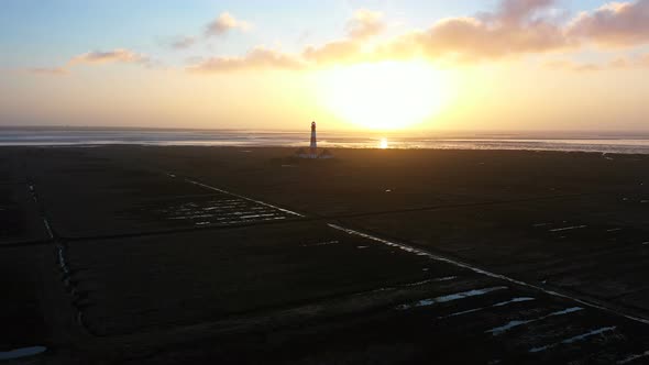 Lighthouse at Sunset, Aerial View, Approaching, Passing By