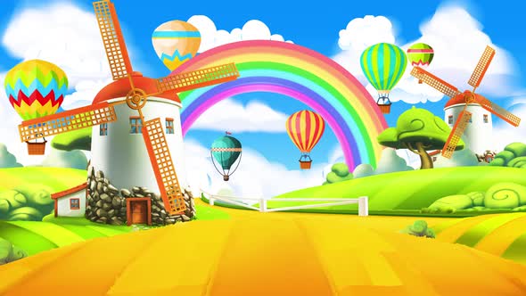 Cartoon Background with Farm, Rainbow and Balloon, Motion Graphics