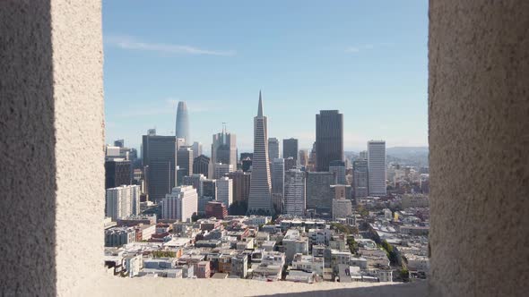San Francisco downtown and neighborhoods skyline panorama from Coit Tower window alt