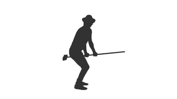 Silhouette of Funny Man Sweeps Floor With Mop and Fantasizes
