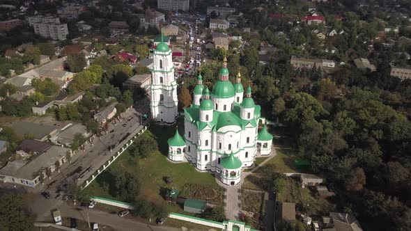 Aerail view to Cathedral Nativity Blessed Virgin in Kozelets, Chernihiv region, Ukraine alt