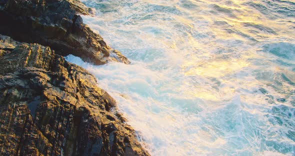 Stunning Majestic Waves Rise in Air in Beautiful Sunset Light and Sunbeams at Fuerteventura Canary alt