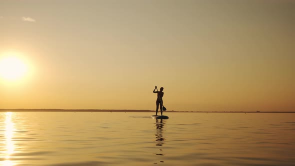 Siluet of Woman Standing on SUP Board and Paddling Through Shining Water Gold Surface alt