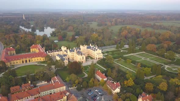 Aerial View of Small Town Lednice and Castle Yard with Green Gardens in Moravia Czech Republic alt