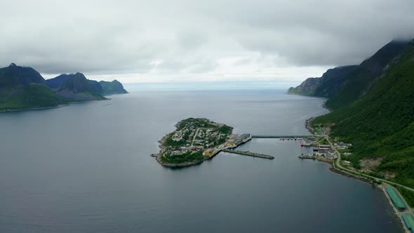 Aerial View of the Husoy Fishing Village on the Senja Island Norway alt