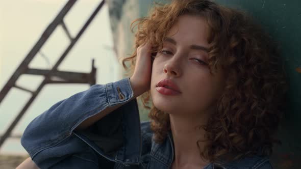 Seductive Lady Posing Closeup Near Old Green Boat Standing Gloomy Seacoast alt