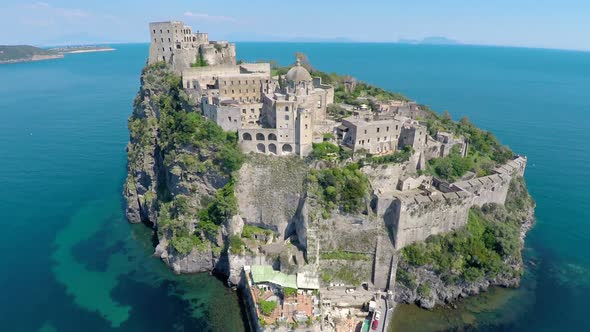 Italian Tourist Attraction, Medieval Aragonese Castle in Ischia, Aerial View alt