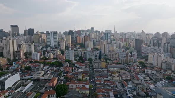 Drone Image, Going Backwards, Flies High Over A Neighborhood In Sao Paulo, Brazil