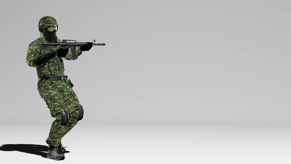 Soldier in camouflage walks with a weapon at the ready white background.