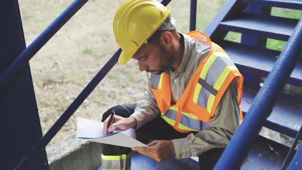 Architect in Helmet and Safety Vest Making Notes in Notepad alt