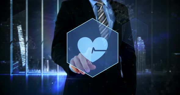 Businessman touching virtual digital interface screen alt