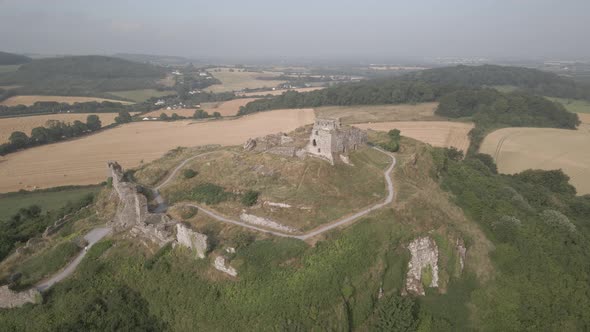 Ireland Castle On Hilltop - Rock Of Dunamase Surrounded By Agricultural Terrain - Aerial Orbiting Sh alt