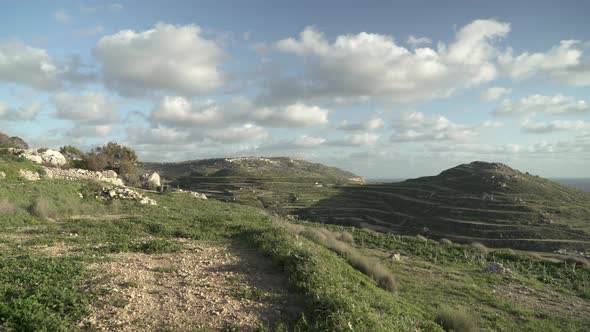Slow Panoramic View of Greenery with Beautiful Landscape of Malta in Winter