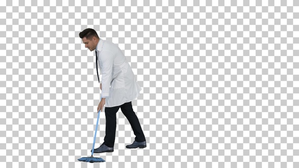 Man in white robe sweeping the floor and talking, Alpha Channel alt