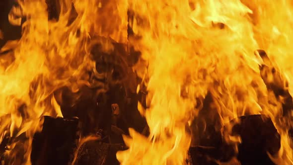 Big Bonfire Burning at Night. Fire Flame Background. Slow Motion 240 Fps alt