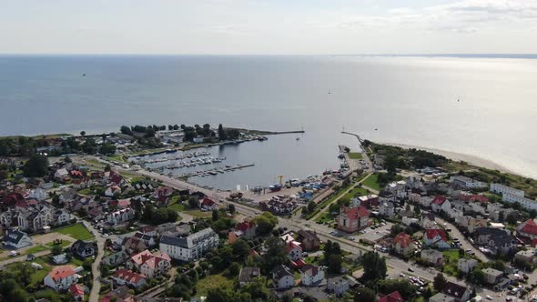 Flying over the port in Jastarnia on Hel peninsula at the Baltic Sea in Poland alt